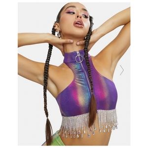 Dolls Kill Club Exx Radiance Rhinestone Fringe Top